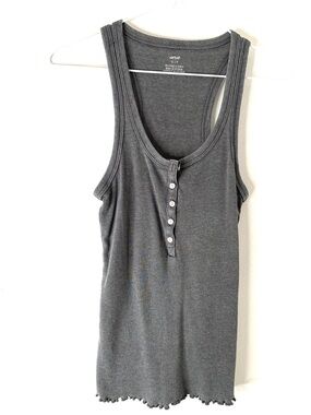 aerie Grey Rib Henley Tank Top Lettuce Hem Stretch Casual Basic